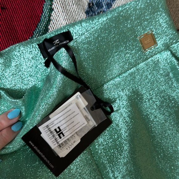 Sparkly glitter stretch pants cigarette cropped Tiffany green elisabetta franchi - Picture 4 of 4
